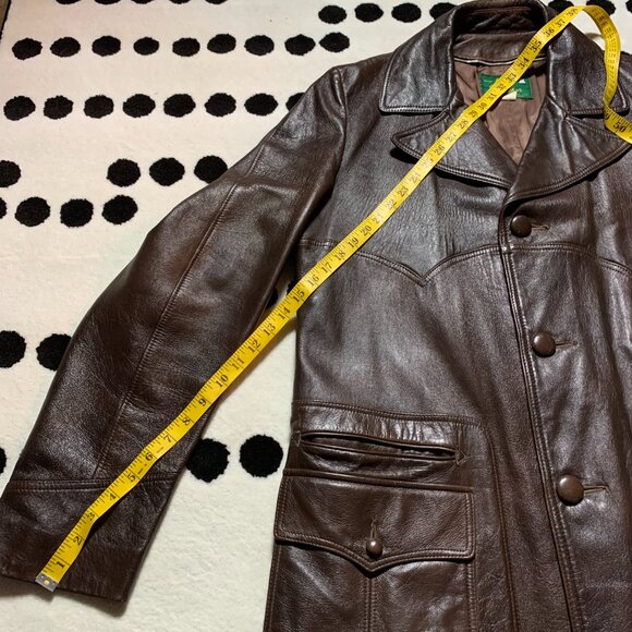 Vintage 70s Chocolate Brown Leather Retro Jacket Trench Coat Overcoat - Picture 14 of 16